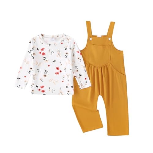 Image of QUNERY Toddler Girl Clothes Baby Girl Outfits Striped Floral Long Sleeved Top Overalls Pants Set Yellow 12-18 months