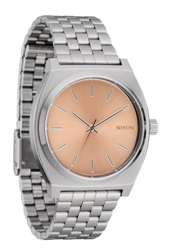 Image of Nixon Time Teller A045-100m Water Resistant Men's Analog Fashion Watch (37mm Watch Face, 19.5mm-18mm Stainless Steel Band), Silver/Coral, Time Teller