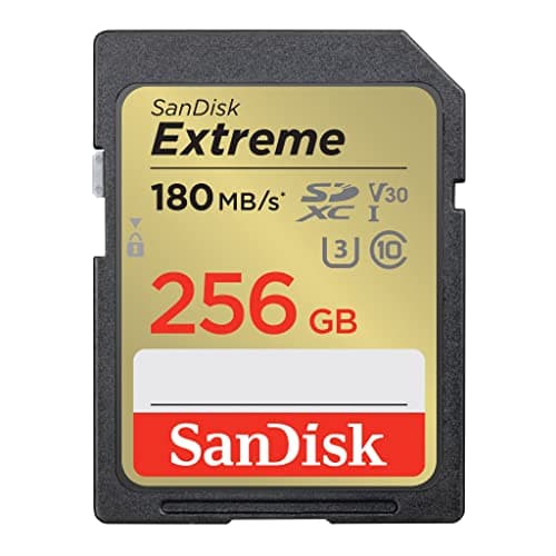 Image of SanDisk 256GB Extreme SDXC card, SD card up to 180MB/s, V30 Memory card, UHS-I, Class, 10, U3, V30, RescuePro Deluxe data recovery software.