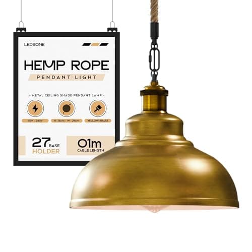 Image of LEDSone Yellow Brass Pendant Light Fitting 29cm, E27 Ceiling Lamp Holder with 1m Twisted Braided Flex Adjustable Hanging Kit for Home, Kitchen, Dining Room