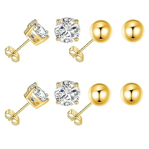 Image of 9ct Gold Ball Stud Earrings for Women,Stud Earrings with Black Crystal for Girls(4 Pairs).