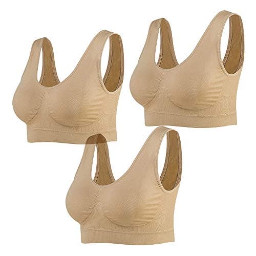 Image of Lemef 3-Pack Seamless Sports Bra Wirefree Yoga Bra with Removable Pads for Women, 3 hautfarben, nude, L