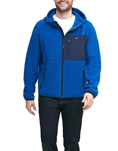 Image of Tommy Hilfiger Men's Hooded Performance Fleece Jacket, Royal Blue/Navy Mixed Media, XL