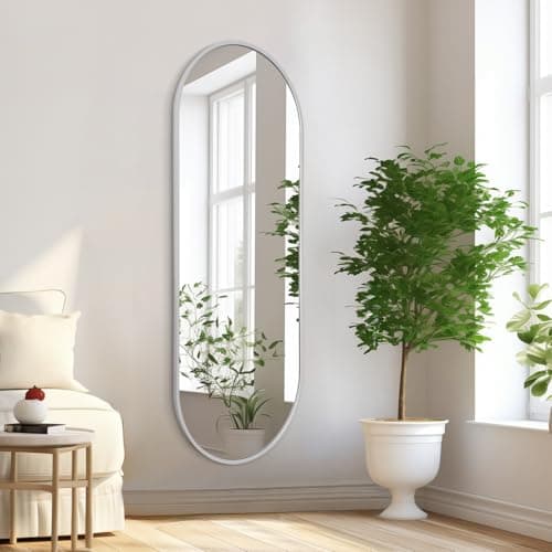 Image of HLFMVWE Oval Full Length Mirror, 120 x 40 CM Wall Mounted Mirror Metal Pill Shaped Aluminum Frame Modern Simple Home Decor Bathroom Vanity Living Room Entryway Decor, LargeSilver