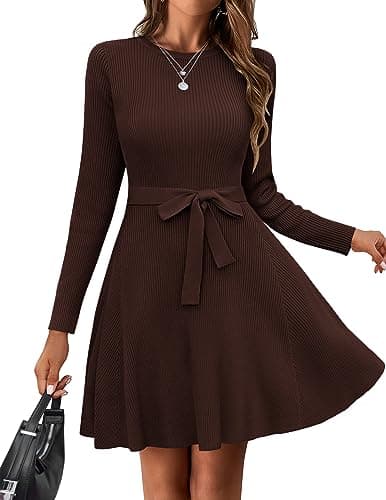 Image of HOTOUCH Knitted Dress Women Winter Long Sleeve Round Neck Midi Dress Elegant Winter Dress with Belt A-Line Sweater Dress for Autumn and Winter Brown S