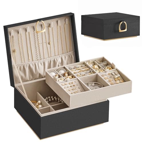 Image of SONGMICS 2-Layer Jewellery Box, Jewellery Organiser with Handle, Removable Jewellery Tray, Jewellery Storage, Floating Effect, 20.5 x 24 x 11 cm, Gift Idea, Black JBC165B01