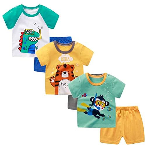 Image of XM-Amigo Toddler Boys Short Sleeve T-Shirt & Shorts 3 Pack Outfit, Without Shoulder Buckle, Soft Cotton Cartoon Summer Clothes 65/100 | 2-3 Years