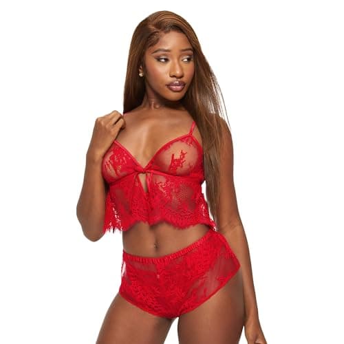 Image of Ann Summers Availing All Over Lace Cami Set (2-Piece) – Womens Nightwear with Floral Lace & Sheer Mesh – Flattering Women's Lingerie Set with Satin Trim, Cut-Out Detail & Adjustable Straps – Red