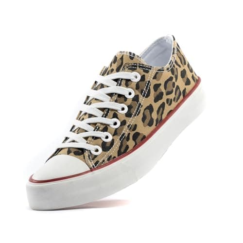 Image of xinran & shengli Men Women Canvas Shoes Ladies Lace Up Low Top Sneakers Fashionable Classic Walking Sneakers Leopard Print red Size 4