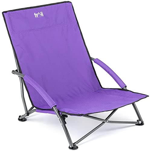 Image of trail outdoor leisure Low Folding Beach Chair, Lightweight Portable Camping Festival Picnic Lounger Seat, Padded Armrests, Carry Bag with Strap (Purple)