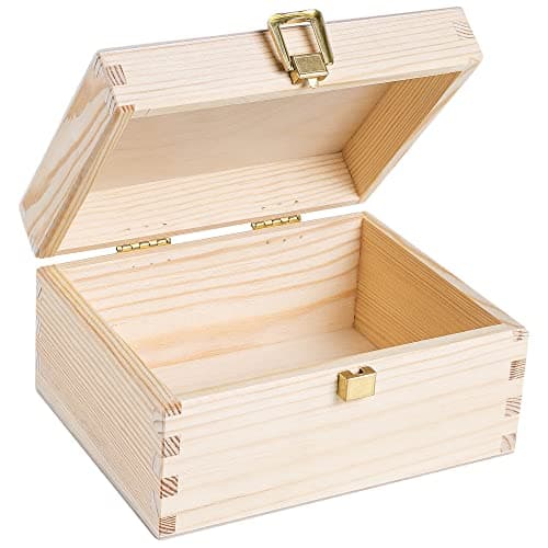 Image of Creative Deco Small Wooden Storage Box Unpainted Plain | 21.4 x 13.8 x 10 cm (+/- 1cm) | Golden Lock & Hinged Lid | Gift Easter Box | Office or Bedroom | Jewellery Box