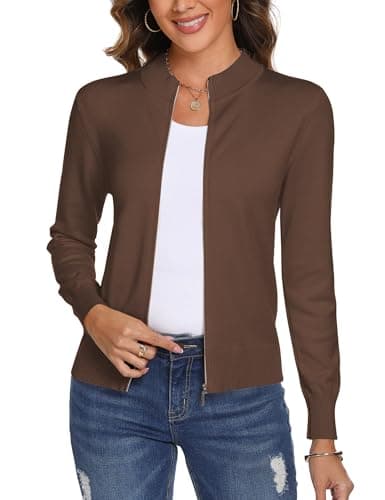 Image of Aottori Ladies Cardigan Zip Up Knited Cardigans Womens Long Sleeve Basic Jacket Open Front Lightweight Plain Casual Knitwear UK Brown-1 S