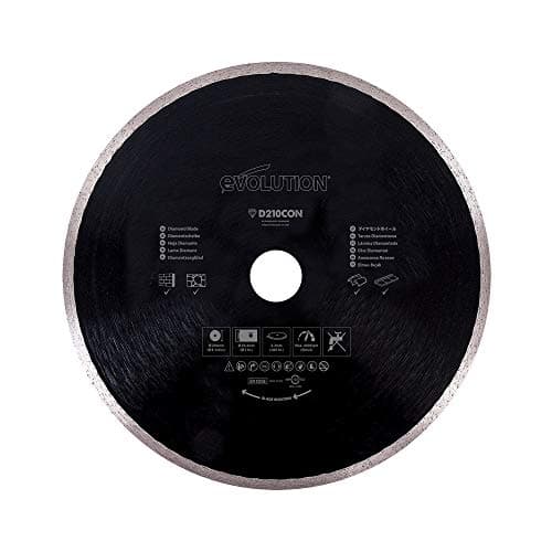 Image of Evolution Power Tools D210CON Diamond Blade Continuous Rim For Mitre Saws, For Cutting Reinforced Concrete, Stone, Brick, Tile, Porcelain & More, 25.4mm Bore, 210mm, Black