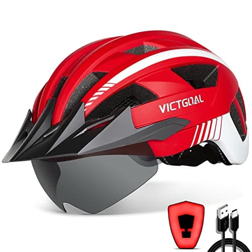 Image of Victgoal Bike Helmet with USB Rechargeable LED Light Removable Magnetic Goggles Visor Breathable MTB Mountain Bicycle Helmet for Unisex Men Women Adjustable Cycle Helmets (XL: 59-63 cm, Red)