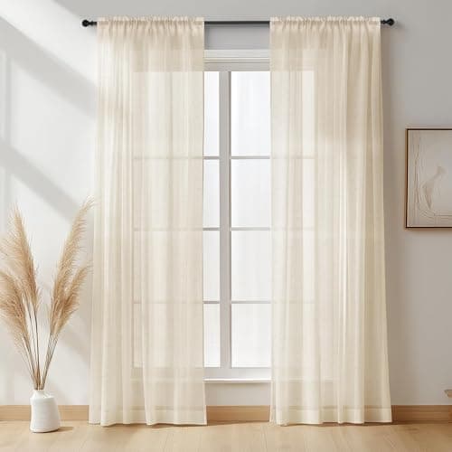 Image of NAKIHOUSE Linen Voile Curtain, 2 Panels Natural Linen Net Curtains for Windows 72 Drop, Slot Top Light Filtering Semi-Sheer Voile Curtains for Living Room, Breathable & Graceful Window Drapes