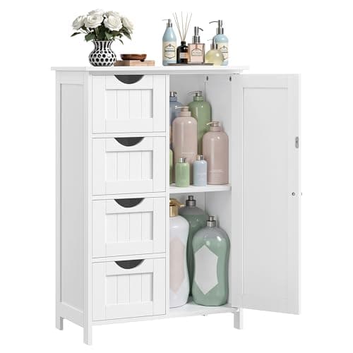 Image of VASAGLE Bathroom Floor Storage Cabinet, Wooden Storage Unit with 4 Drawers, Single Door, Adjustable Shelf, for Living Room, Kitchen, Entryway, White LHC41W