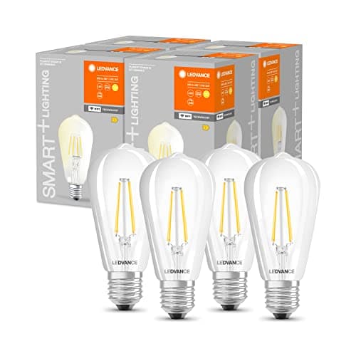 Image of LEDVANCE Smart LED Lamp with WiFi Technology, Base: E27, Dimmable, Warm White(2700K) Replaces Incandescent Lamps with 60 W, Compatible with Google, Alexa, SMART+ WiFi Filament Edison Dimmable, 4-Pack
