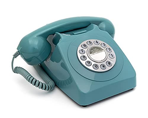 Image of GPO 746 Push-Button Retro Landline Phone, Vintage Landline Telephone for Home, Office, Retro Phones with Authentic Bell Ring and Curly Cord, Blue