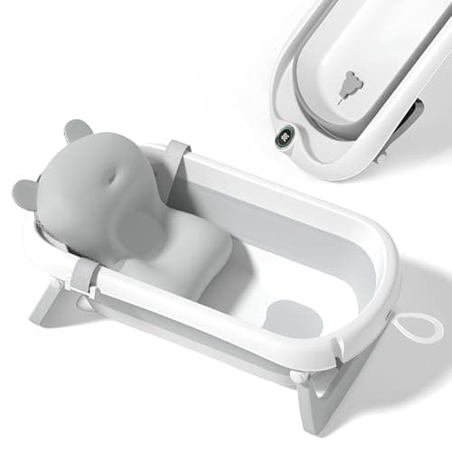 Image of SUPERBE BEBE Foldable Baby Bath with Non-Slip Bath Cushion/Bath with Thermometer for Water Temperature Control/from Birth to 3 Years