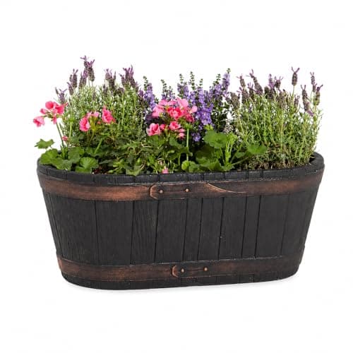 Image of wondergoods Oakwood Barrel Trough Planter – Rustic Wooden Effect Outdoor Flower Pot, Durable & Weather Resistant Garden Planter for Flowers, Herbs & Patio Décor
