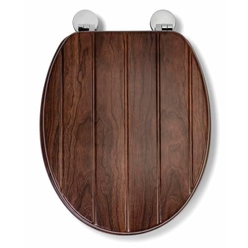 Image of Croydex Molvena Wooden Toilet Seat - Adjustable Hinges with Top and Bottom Fixings Included and Rust Free Chrome Plated Hinge Covers, Antibacterial Treated Surface (Walnut Effect)