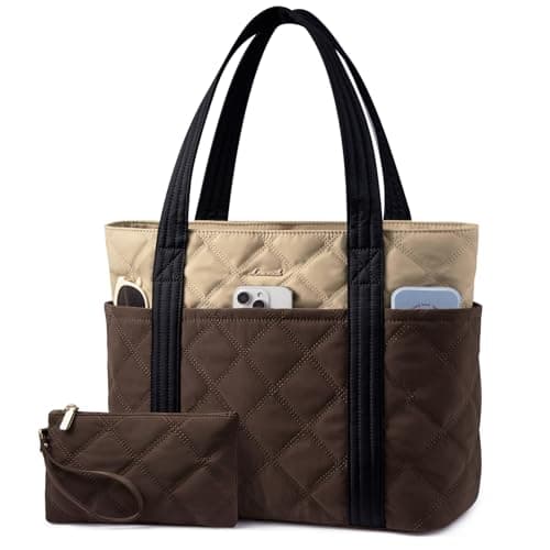 Image of LOVEVOOK Laptop Tote Bags for Women, Lightweight Puffer Handbag for School, Large Work Handbags Ladies Tote Bag with Zip, Quilted Shoulder Bag for College Shopping Work Travel Gym Beach