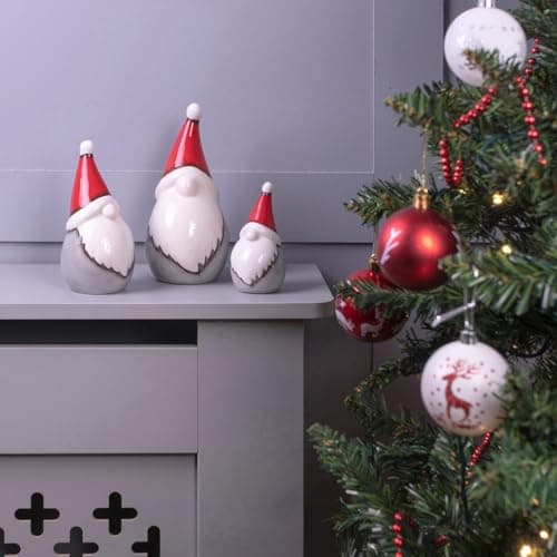 Image of Set of 3 Ceramic Christmas Gonk Ornaments – Red White & Grey Freestanding Scandi Nordic Gnome Elf Family Figurines with Xmas Hats, Novelty Home Festive Decorations for Fireplaces Tables Stairs Shelves