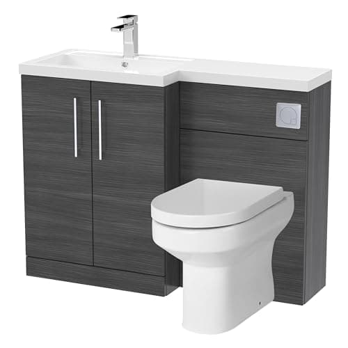 Image of Balterley Vanity Unit with Basin, WC Unit with Toilet Pan, Seat, Cistern, Floor Standing 2 Door Soft Close Vanity, Toilet Pan with Soft Close Seat, Left Hand Bathroom Sink (Woodgrain Anthracite)