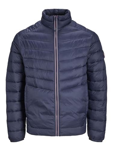 Image of JACK & JONES Mens Quilted Jacket Windproof 100% Nylon Long Sleeve Outdoor Puffer Jacket for Men, Navy Blazer Colour, Size- S