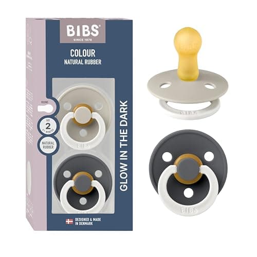 Image of BIBS Colour Night Glow in the Dark Soother 2-Pack, BPA Free Dummy Pacifier, Round Nipple. Natural Rubber Latex, Made in Denmark, Size 2 (6-18 Months), Sand Glow/Iron Glow