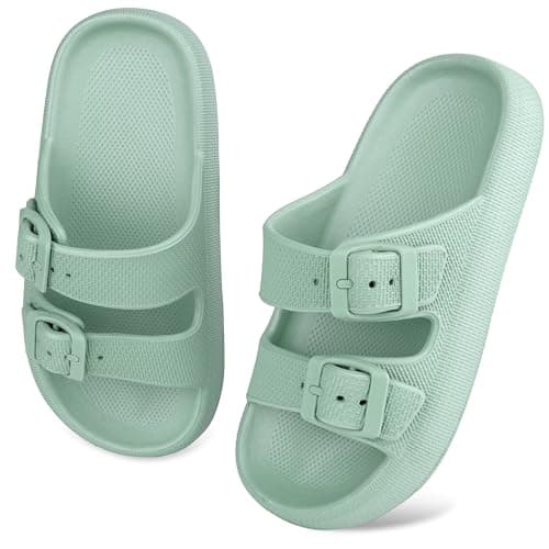 Image of WYSFLY Kids Cloud Slides Boys Girls Adjustable Double Buckle EVA Flat Sandals Summer Pillow Slippers Shower Beach Pool Sliders Green 4 UK