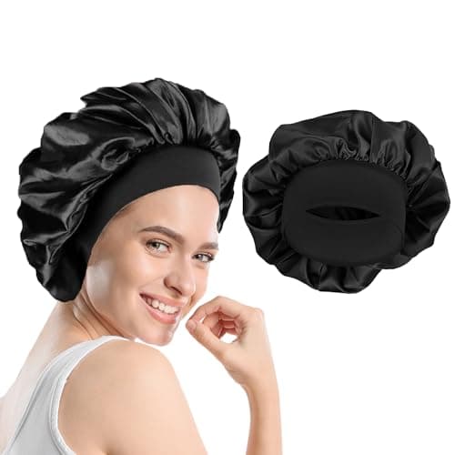 Image of 1 Pack Satin Bonnet, Night Sleep Caps with Wide Elastic Band, Silk Wrap, Soft Head Cover Sleeping Hat for Women and Girls Curly Hair (Black)