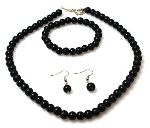 Image of Caprilite Black Classic Faux Pearl Necklace Earrings & Bracelet Jewellery Set Vintage