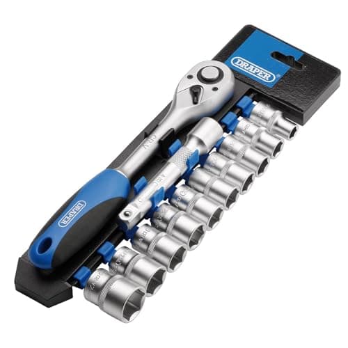 Image of Draper 12 Piece 1/2-Inch Square Drive Metric Socket and Ratchet Set - DIY Home Workshop Professional & Car Kit