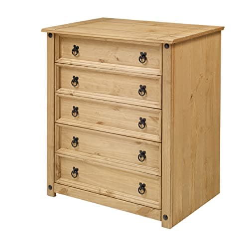 Image of Mercers Furniture Corona 5 Drawer Chest Small Solid Wood Pine Wooden Bedroom Storage Mexican Style Dresser Drawers 89cm High 80cm Wide 41cm Deep