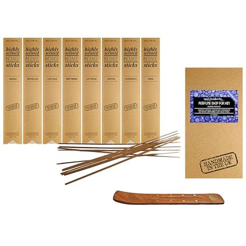 Image of Incense Sticks Set with Incense Holder Ash Catcher, 8 Scents, 10 Sticks of Each Scent, 80-100 Minutes Burning Time per Stick, Handmade in the UK (PERFUME SHOP FOR HIM)