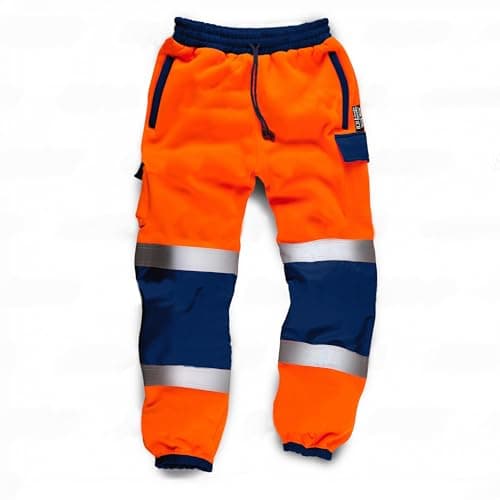 Image of Mens Hi Viz Jogging Bottoms Safety Combat Trousers Sweat Pants Hi Vis Work Fleece Trousers High Visibility Reflective Workwear Cargo Joggers (UK, Alpha, L, Regular, Regular, Orange/Navy)