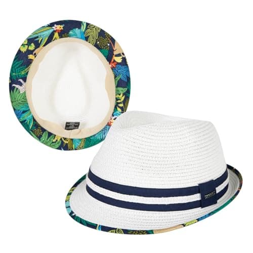 Image of Comhats Unisex Summer Panama Fedora Trilby Straw Sun Hats for Men Women Safari Beach Hat Packable XS-XXXL (UK, Alpha, XL, 551_White - Tropical Jungle)