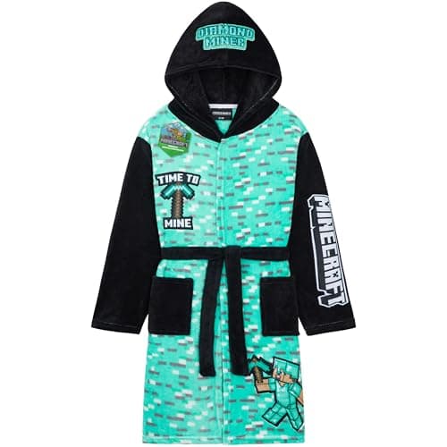 Image of Get Trend Minecraft Dressing Gown Boys & Teens, Fleece Hooded Bathrobe, Creeper Loungewear Nightwear, Gamer Gifts for Boys (13-14 Years, Green Minecraft)
