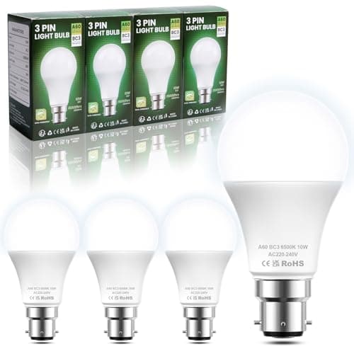 Image of BrightArk BC3 3 Pin Light Bulbs,4 Pack 10W Energy Saving LED Light Bulb,75W Equivalent,15,000hrs Lifetime,Non Dimmable,6500k Cool White A60 LED Bulbs for Ceiling,Landing Light,Hallway