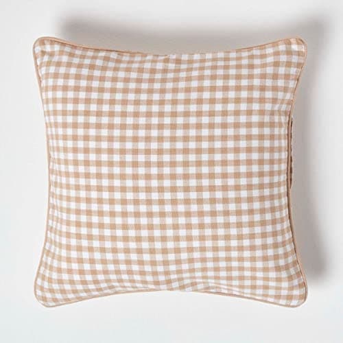 Image of HOMESCAPES - 100% Cotton - Gingham Check - Cushion Cover - 45 x 45 cm Square - 18 x 18 Inches - Beige White - 100% Cotton Sofa Pillow Cushion Cover - Washable