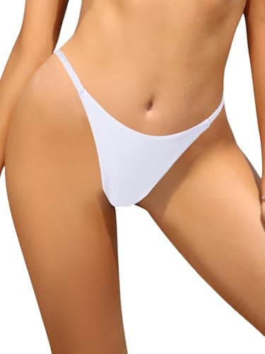 Image of SHEKINI Womens Low Rise Thong Bikini Bottoms V Cut Ruched Swim Bottom Cheeky Brazilian Swimwear High Cut Swimsuit, White, Medium