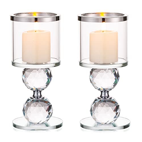 Image of Sziqiqi Crystal Clear Pillar Candle Holder Set of 2, Glass Candlestick Holders Tealight Candle Stand Table Top Centerpieces for Living Room Wedding Banquet Mantlepiece Fireplace Decor, Silver Rim