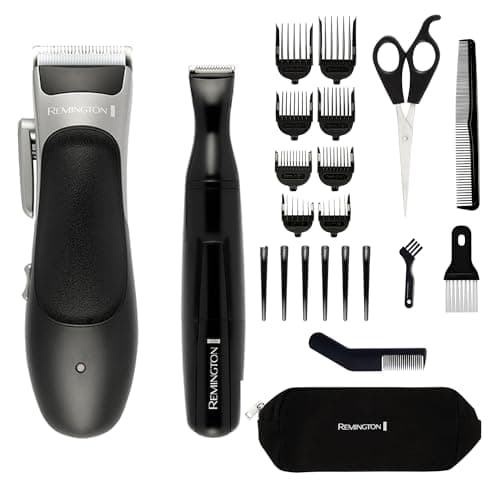 Image of Remington Hair Clipper and Detail Trimmer (25 Piece kit incl. 6 Sectioning Clips, 6 Comb attachments (3mm-25mm), Ear Taper Combs, Scissors, Storage Pouch etc., 40 Minutes Cordless Usage) HC367