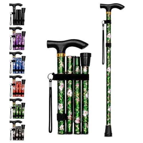 Image of ZallyX Foldable Walking Sticks for Men & Women, 84–92cm Adjustable Ladies Walking Stick, Mobility aids, Collapsible walking stick For Elderly Adults (Green Flower)