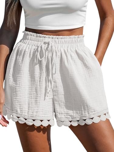 Image of CUPSHE Women's Shorts Cotton Elastic Waist Loose Leg Ornate Hem with Drawstring Side Pockets, Off-White, L