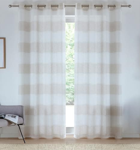 Image of Tyrone Textiles Pair of Santorini Natural Modern Linen Look Striped Sheer Voile Panels 183 CM with Eyelet Header