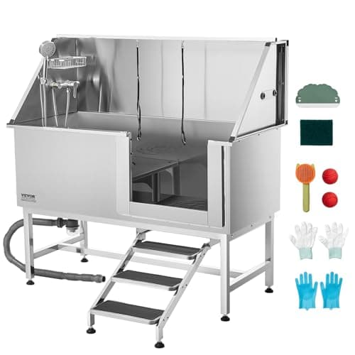 Image of VEVOR Stainless Steel Dog Washing Station, 157.48 cm Pet Grooming Tub w/Stairs, PE Water Filter Board, Faucet & Showerhead & Soap Holder Dog Bathtub for Large & Medium & Small Pets (Right Door)