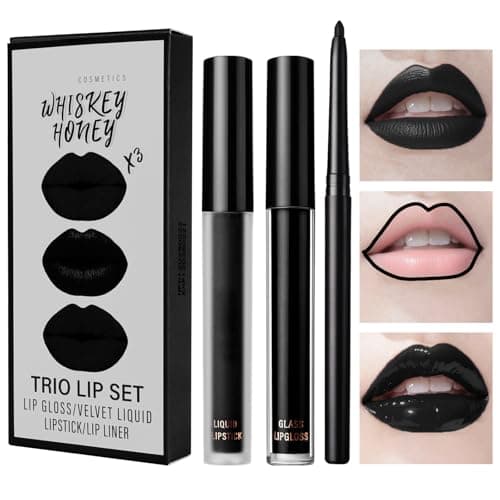 Image of LOPHE 3Pcs Black Lip Kit Set | Matte Velvet Liquid Lipstick, Lip Gloss & Lip Liner | Waterproof, Long Lasting Makeup for Halloween, Christmas, Gothic & Cosplay | Gift Ready