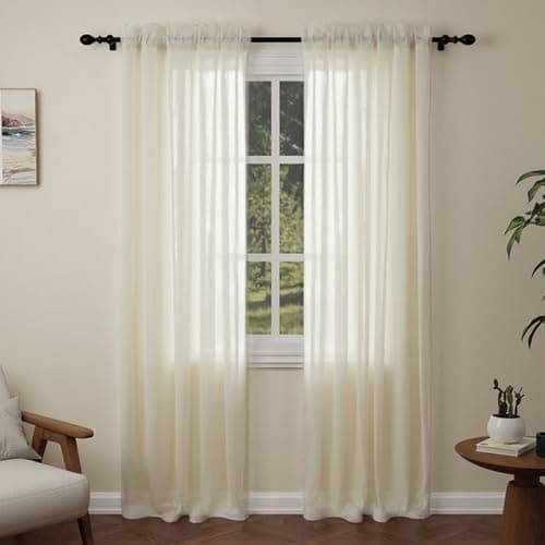 Image of Pacok Cream Voile Curtains, 90 Drop 2 Panels Net Curtain for Windows, Rod Pocket Sheer Curtain Panel Voile Curtains for Living Room Kitcken Bedroom W56xL90 Inch(Cream, 142 x 228cm)